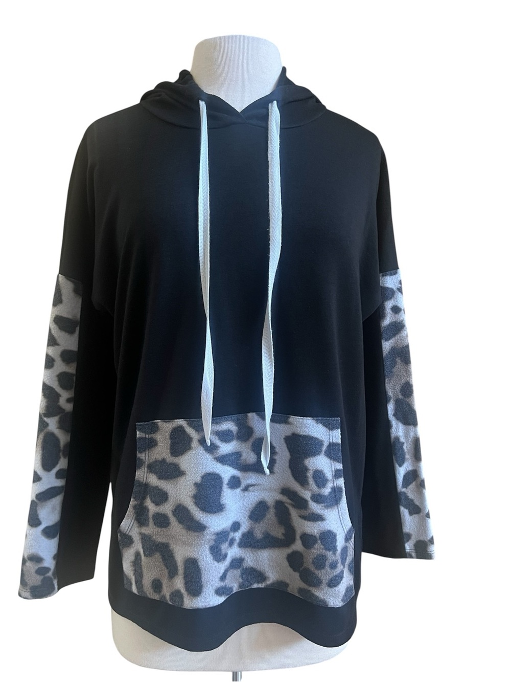 Black Hoodie with Gray Leopard Accent and White Drawstrings